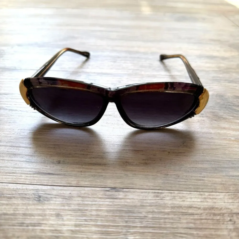 Vintage 80s Sunglasses Black Brown Tortoise Gold Red Accent Retro Glam